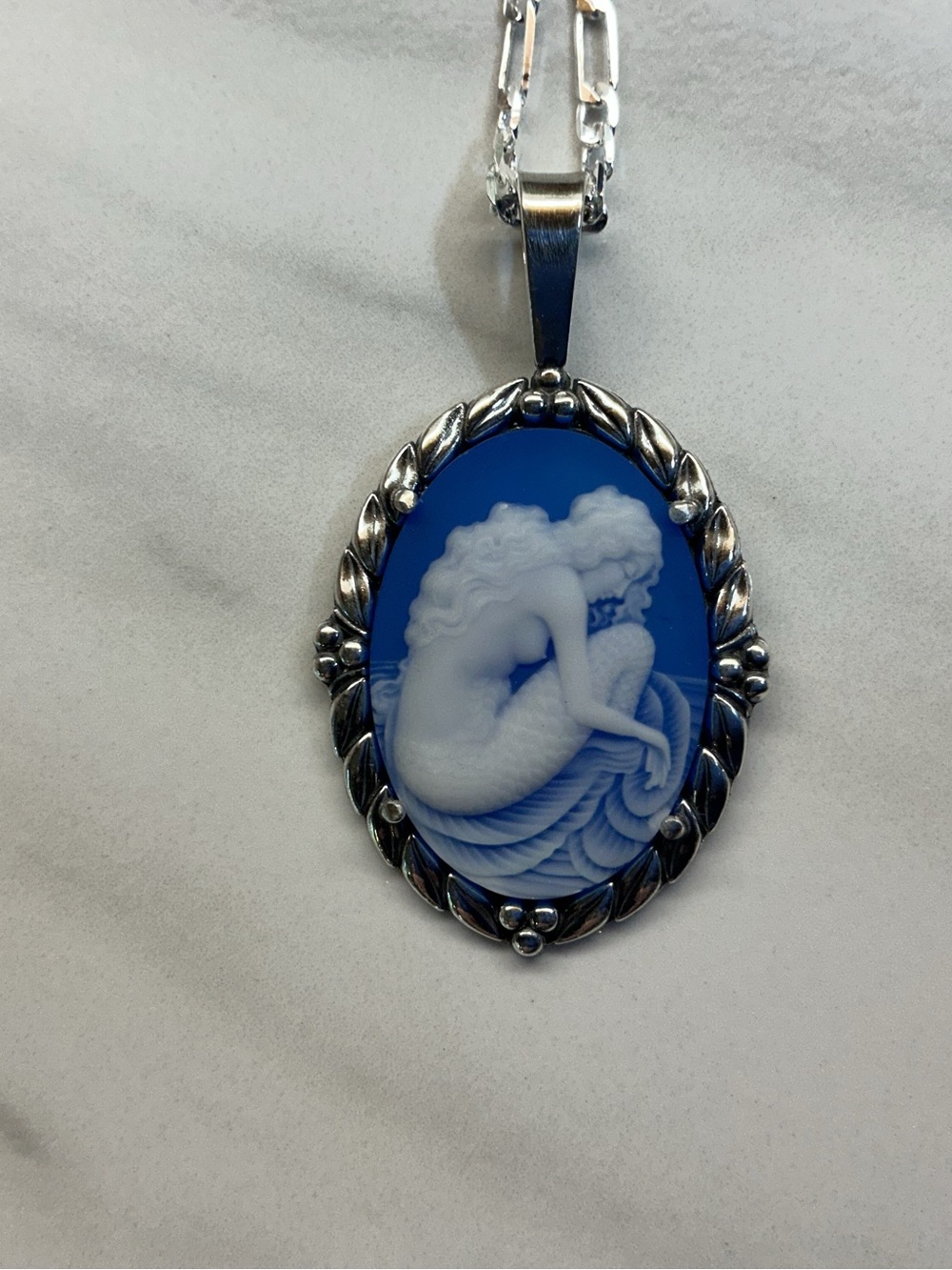 Blue Cameo Mermaid Pendant Necklace